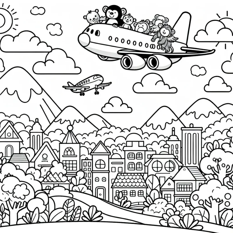 Imagine une scène animée où un avion survole une ville pittoresque, avec des montagnes dans le fond. L'avion emporte des animaux de la jungle qui partent en vacances. Le détail de chaque élément rendra ce coloriage plus amusant.