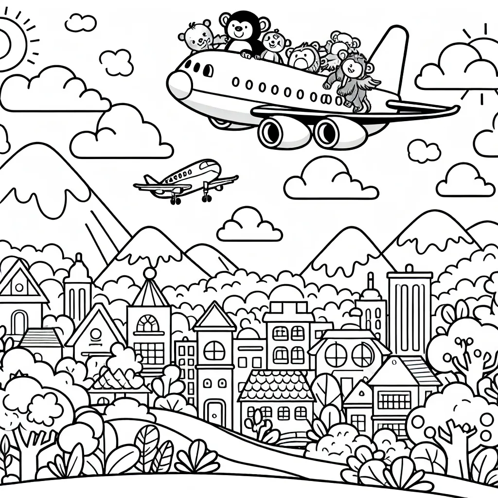 Imagine une scène animée où un avion survole une ville pittoresque, avec des montagnes dans le fond. L'avion emporte des animaux de la jungle qui partent en vacances. Le détail de chaque élément rendra ce coloriage plus amusant.