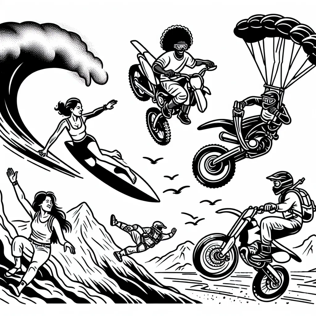 Imaginez un groupe d'athlètes faisant différents sports extrêmes tels que le saut en parachute, le surf de gros, le motocross freestyle et l'escalade en haute montagne.