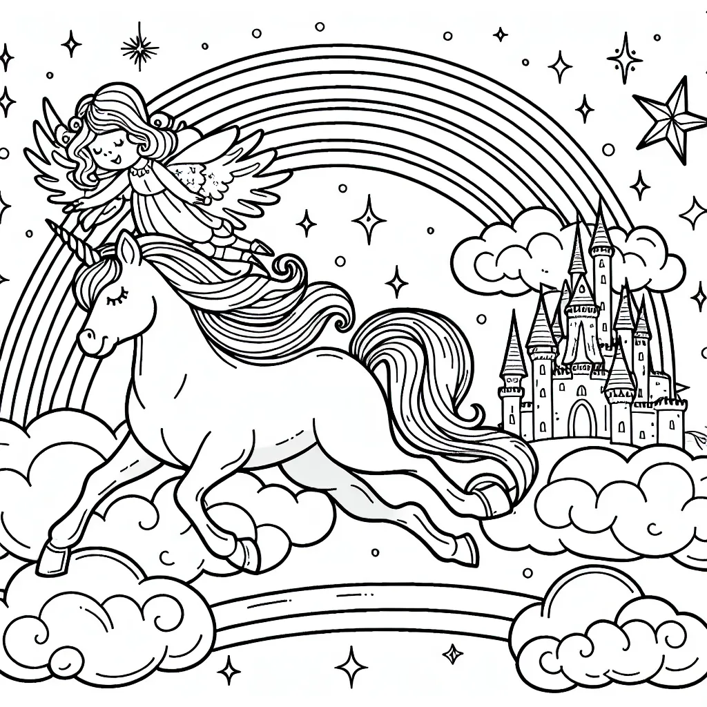 Un monde enchanté de licornes et de fées s'invite dans ton carnet à colorier. Imagine une belle licorne galopant sur un arc-en-ciel accompagnée de sa meilleure amie, la fée des étoiles. Qui sait, peut-être y a-t-il aussi un château étincelant caché derrière les nuages ?