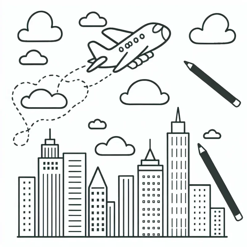 Dessine un avion à réaction passant au-dessus d'une ville pleine de gratte-ciels puis trace les lignes de son traînée de condensation. Ajoute quelques nuages dans le ciel.