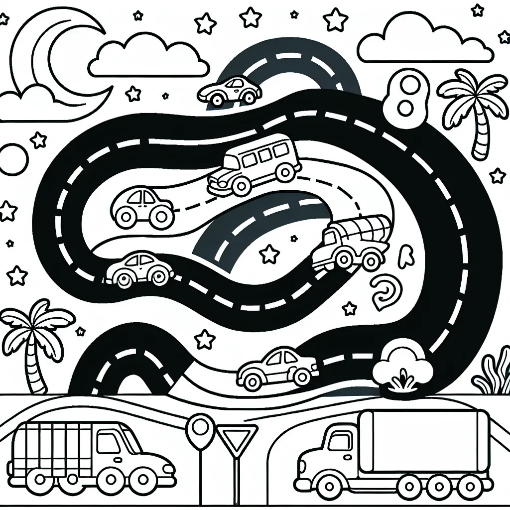 Dessine une course automobile colorée avec des voitures de différentes formes et tailles sur une piste en spirale. Inclut également des signaux routiers, des palmiers et un ciel étoilé en arrière-plan.