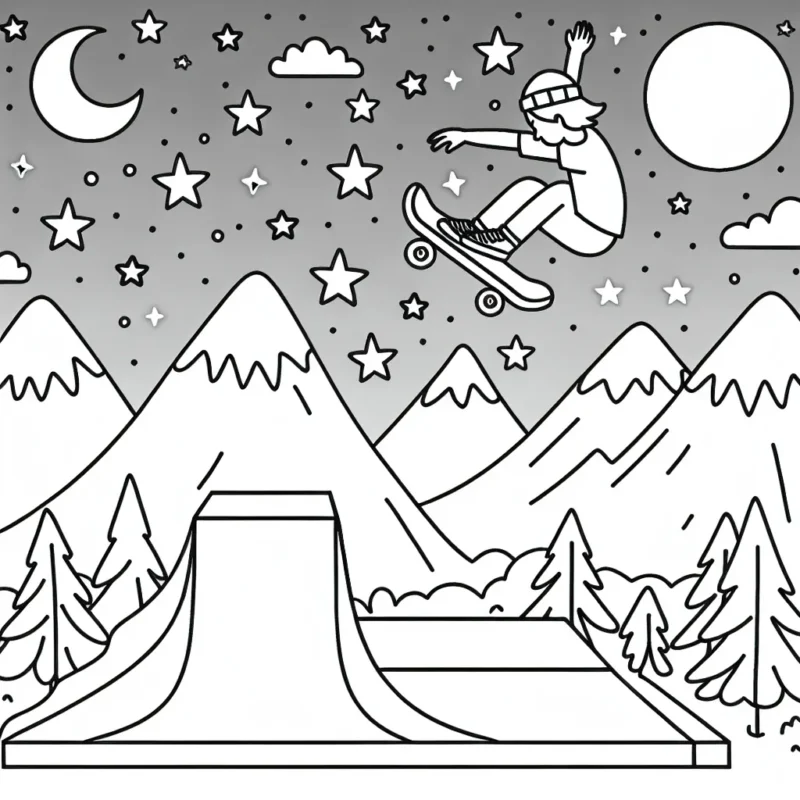 Un skateur effectuant un saut vertigineux sur une rampe, avec des montagnes et un ciel étoilé en arrière-plan.