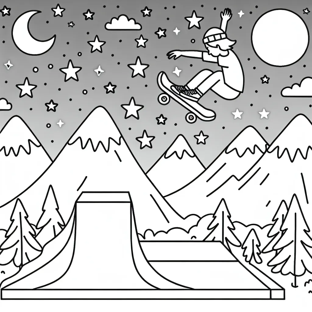 Un skateur effectuant un saut vertigineux sur une rampe, avec des montagnes et un ciel étoilé en arrière-plan.