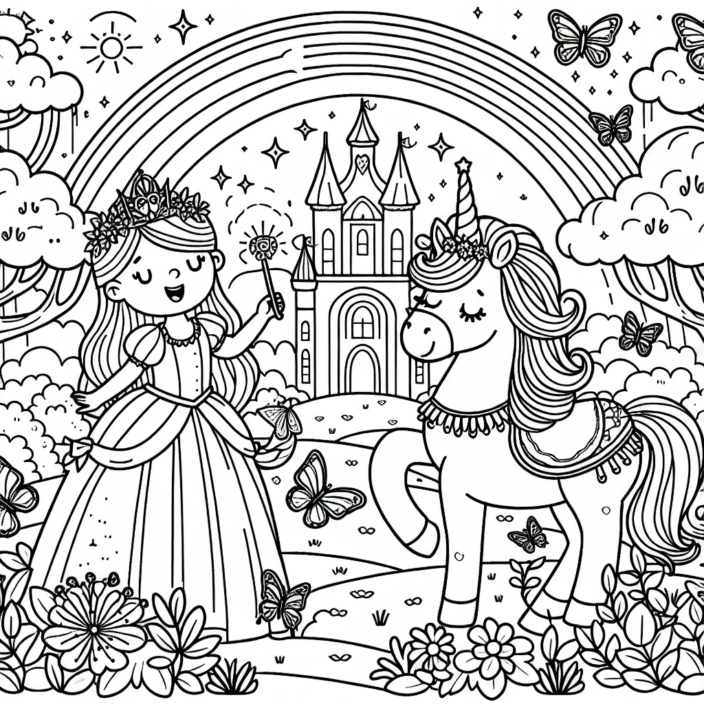 Un paysage de féerie enchanté avec une princesse, une licorne, des papillons et un arc-en-ciel