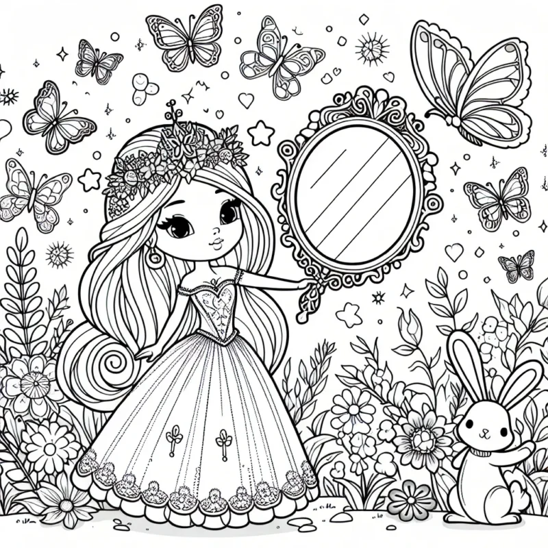 Imaginez une belle princesse tenant dans ses mains un miroir magique, entourée par une multitude de papillons multicolores. Elle est debout dans un jardin enchanté, avec des plantes et des fleurs merveilleuses autour d'elle. De plus, un petit lapin curieux la regarde depuis un buisson proche.