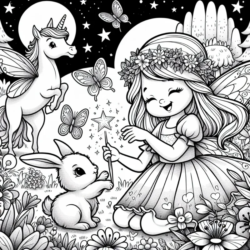 Imagine un jardin féerique animé avec une petite fée adorable jouant avec ses amis les animaux au milieu des fleurs colorées. Elle sourit, tenant dans sa main une baguette magique qui brille. Elle caresse un lapin moelleux avec, tandis que les oiseaux chantent joyeusement sur les branches des arbres. Une licorne majestueuse est également présente, debout près d'une belle fontaine. Le ciel est parsemé d'étoiles brillantes et le jardin est éclairé par une lune douce, offrant un cadre magique.