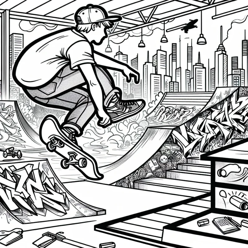 Dessine un skateur qui fait des tricks fantastiques sur une rampe dans un skatepark urbain avec des graffiti au fond.