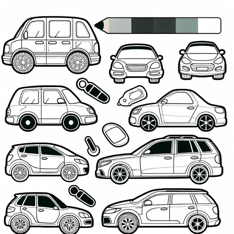 Dessin détaillé représentant différentes modèles de voitures par marque pour un coloriage pour enfants.