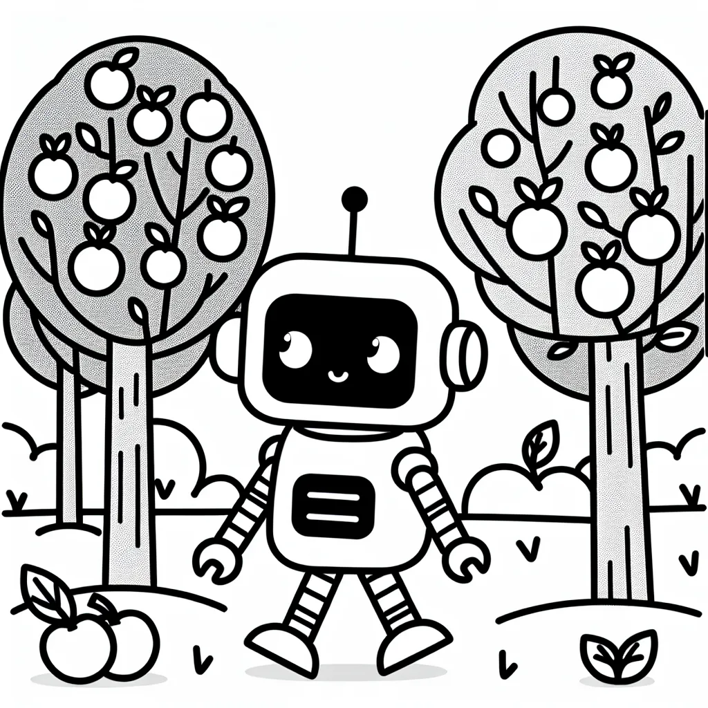 Un petit robot amical marchant dans une forêt d'arbres fruitiers