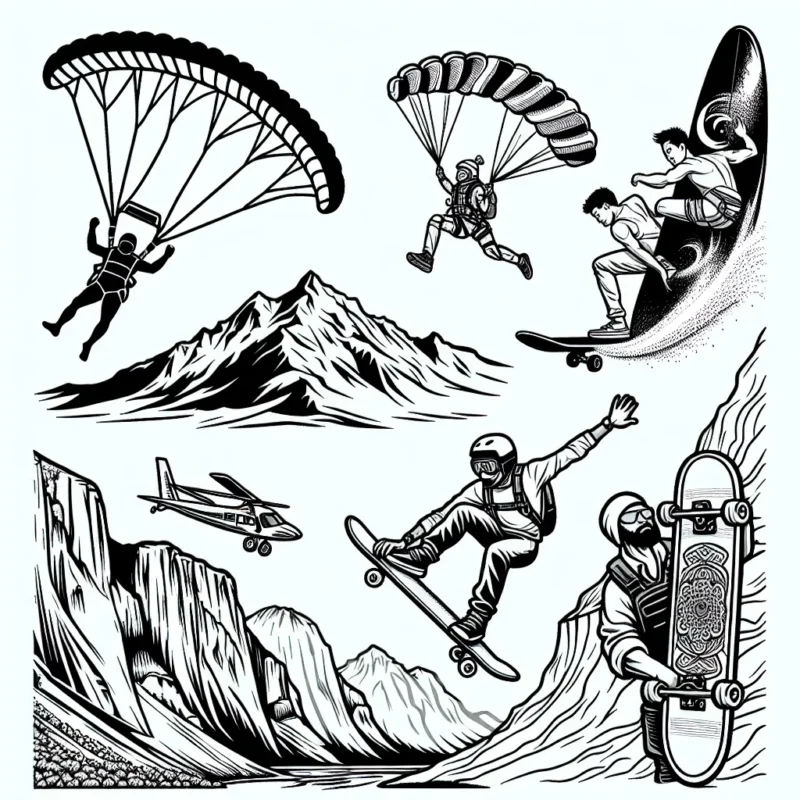 Un athlète effectue un saut en haute altitude avec un parachute pendant qu'un autre fait du skate sur une rampe gigantesque. En arrière-plan, des grimpeurs escaladent une montagne escarpée. Un autre sportif fait du surf sur une vague géante.