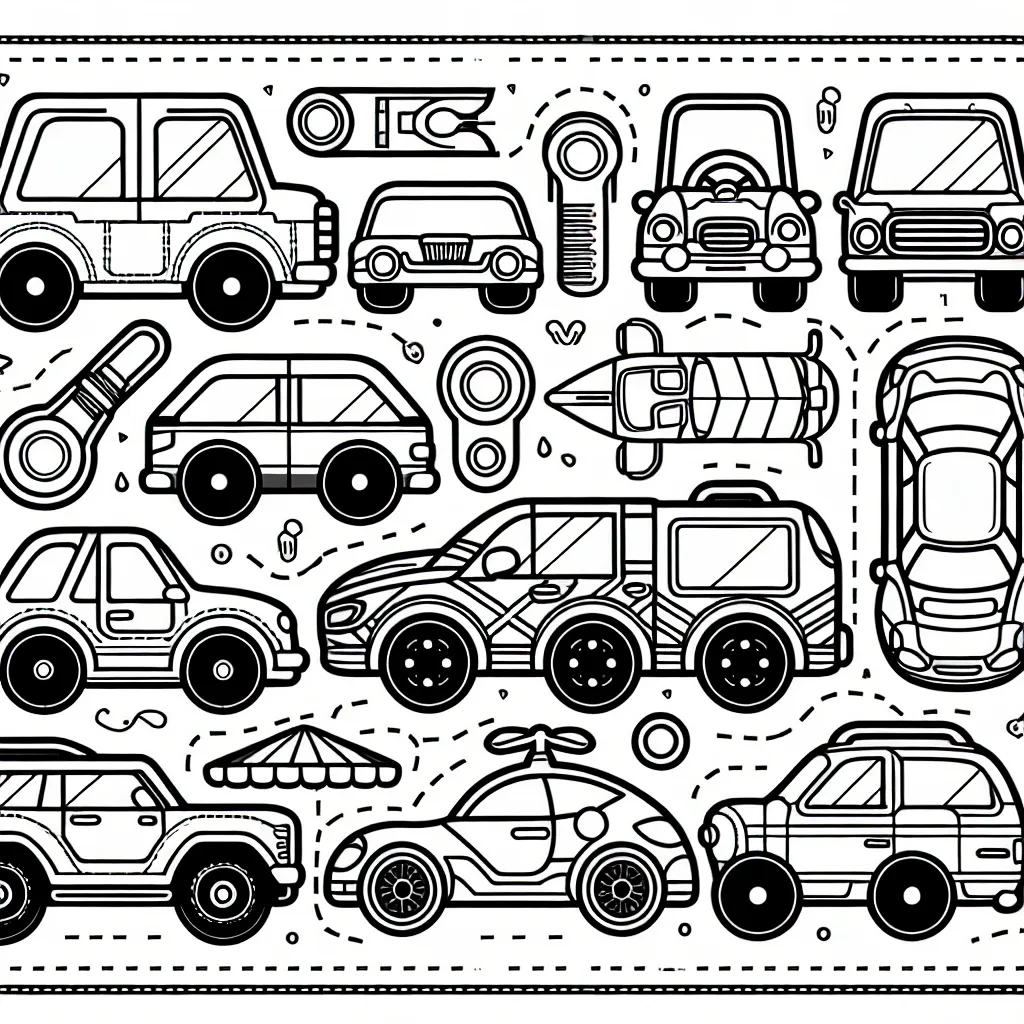 Dessine et colore des voitures uniques de différentes marques comme Ferrari, BMW, Audi et Peugeot. Les détails et les modèles sont inclus pour chaque marque de voiture.