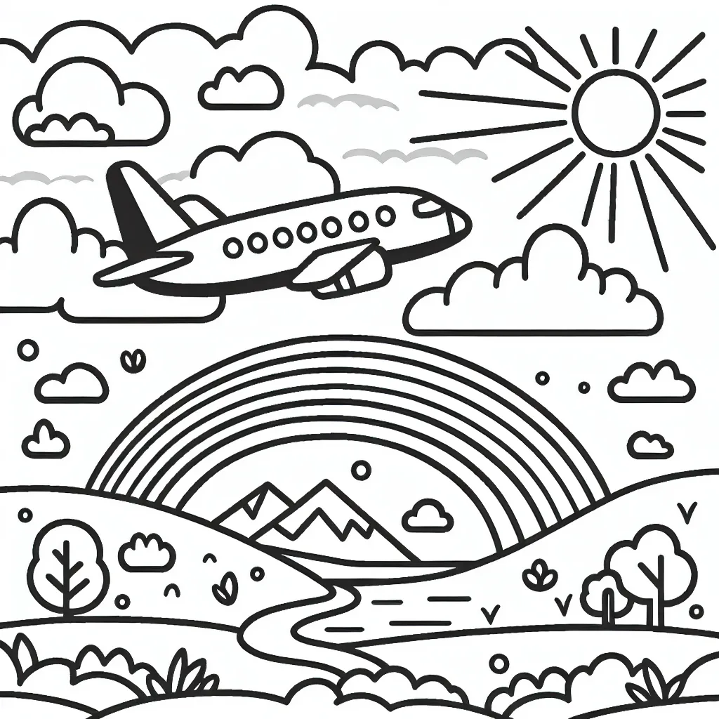 Imaginer un dessin comportant un avion volant haut dans le ciel avec des nuages, le soleil brille et il y a un arc-en-ciel. L'avion a des fenêtres à travers lesquelles on peut voir des passagers. Sous l'avion, il y a un paysage avec des montagnes, des arbres et une rivière.