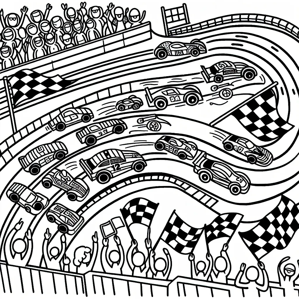 Dessine une parade de voitures de course colorées zigzaguant autour d'un circuit, avec des supporters enthousiastes assis dans les gradins. Ajoute également des détails comme des drapeaux à damier, des logos d'équipe et des voitures de sécurité.