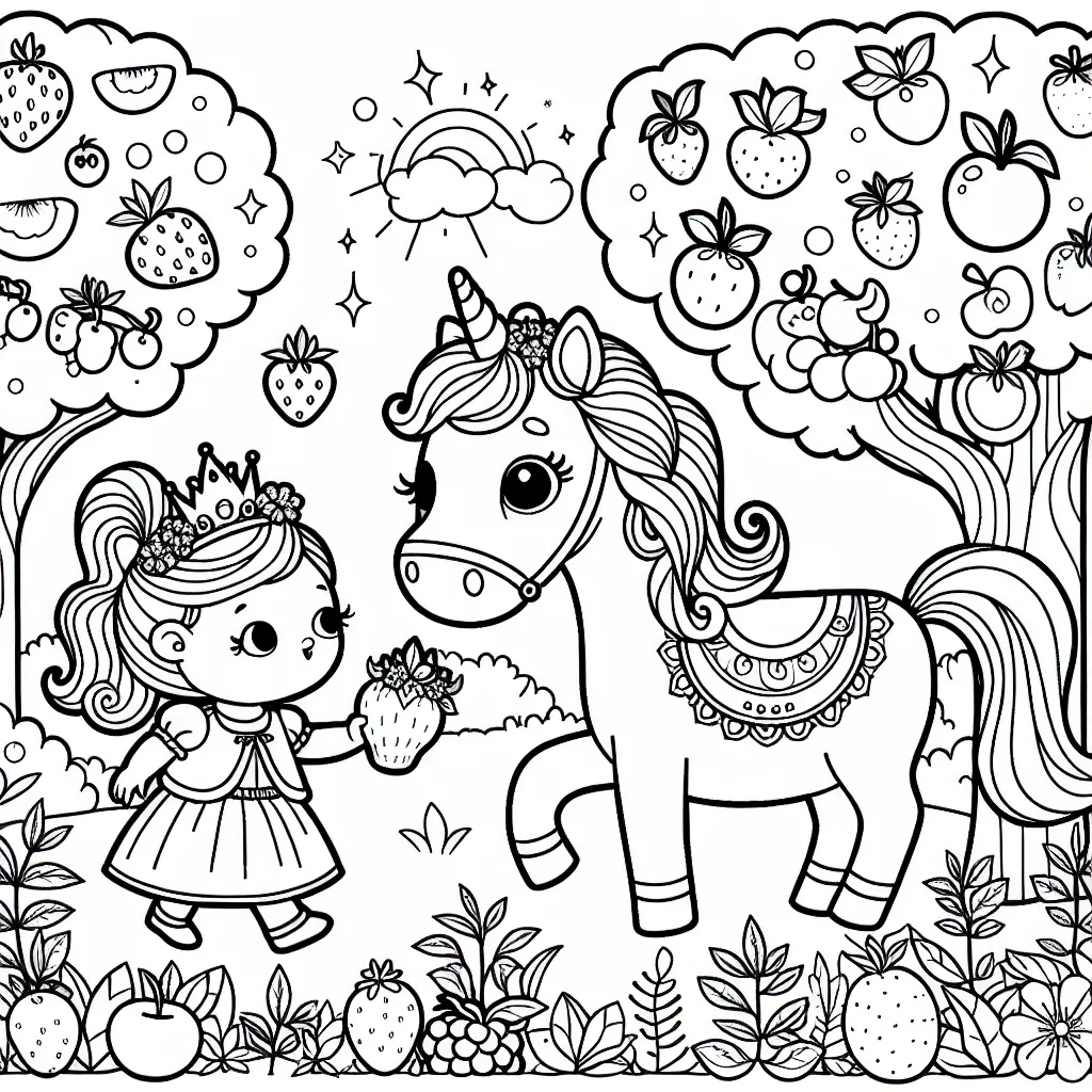 Dessine une jolie princesse qui se promène dans un jardin merveilleux avec son cheval enchanté et collectionne des fruits étranges et délicieux.