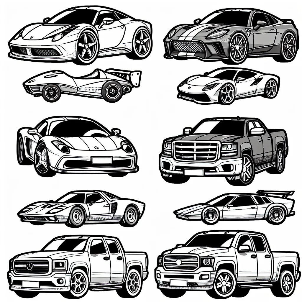 Dessine et colore les voitures emblématiques de différentes marques comme Ferrari, BMW, Mercedes-Benz, Toyota, Ford et Lamborghini.