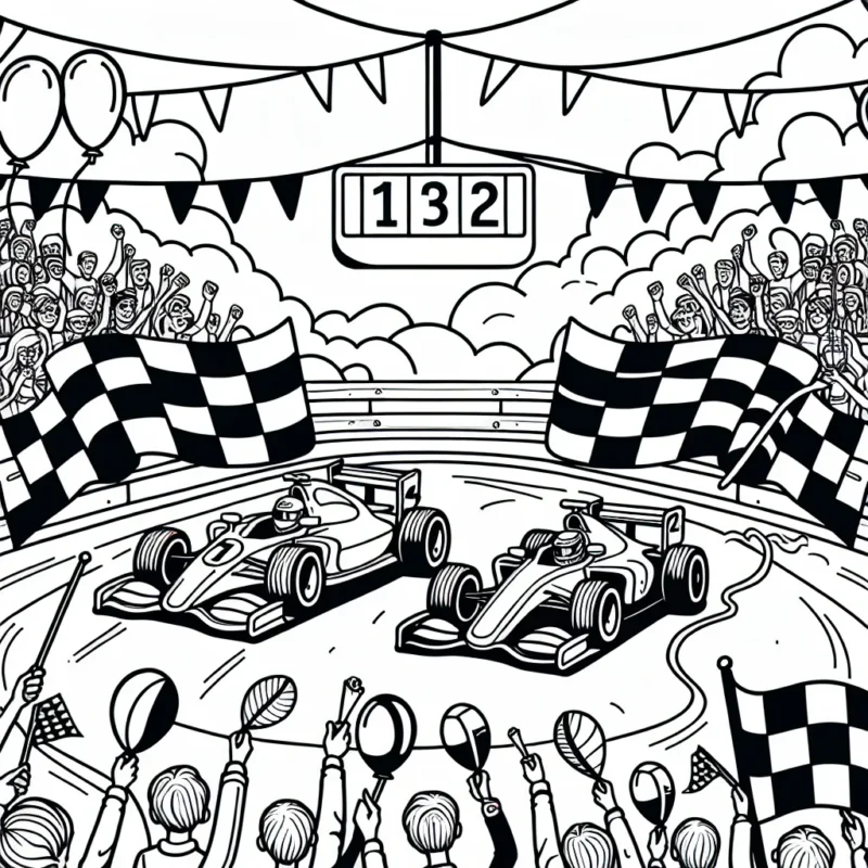 Deux voitures de course sont en pleine compétition sur un circuit animé, soutenues par une foule de spectateurs vibrants d'excitation. La première voiture affiche un numéro 1 avec une couleur vive tandis que la seconde a un numéro 2 et une couleur contrastante. En arrière-plan, des ballons à l'hélium et des fanions ajoutent une atmosphère festive. Il y a des drapeaux qui marquent le circuit et un panneau d'affichage qui indique les scores.