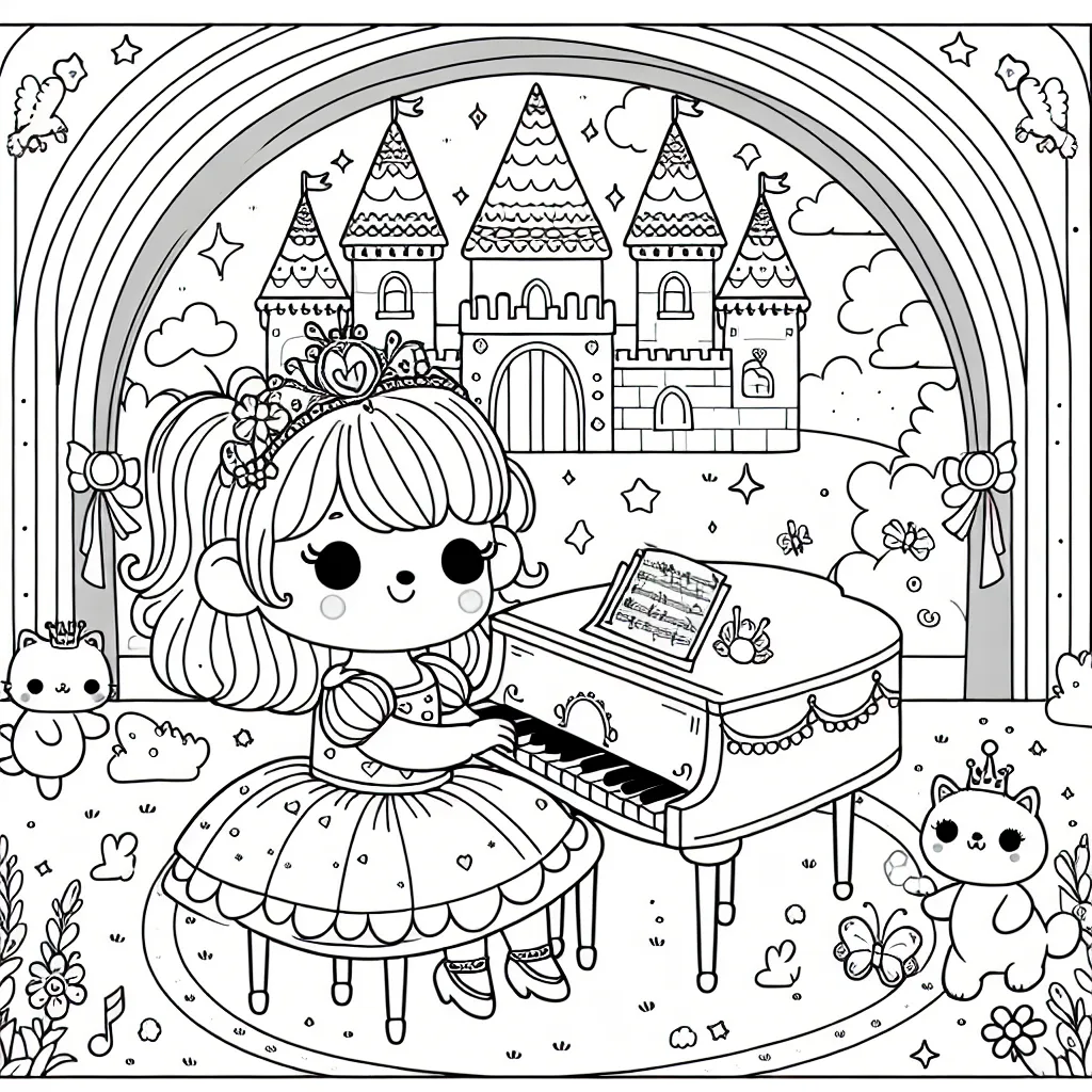 Dessin d'une petite princesse jouant du piano dans son château coloré, entourée de ses animaux de compagnie magiques