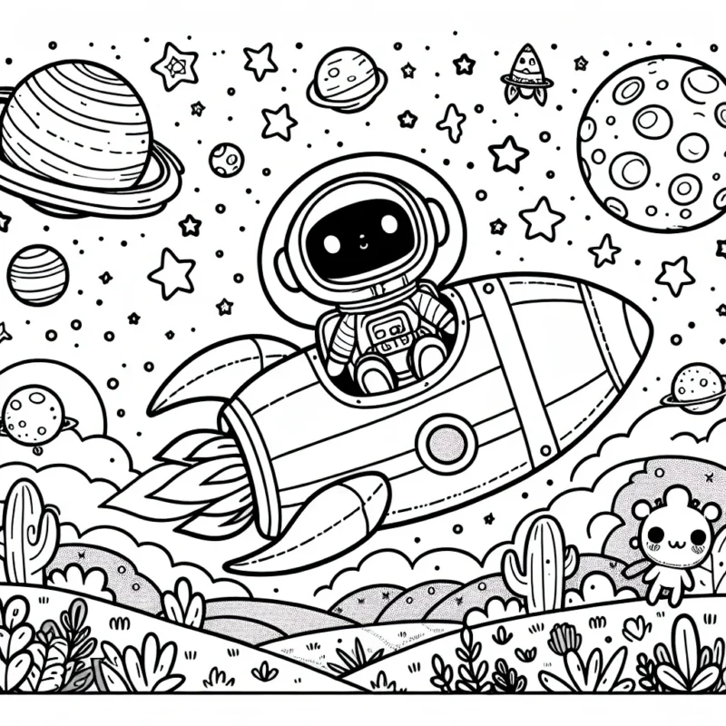 Un petit astronaute courageux décolle dans une fusée animée. Autour, un paysage fantastique avec des planètes, des étoiles, un petit extraterrestre amical et beaucoup de détails. Dessin détaillé sans trop de complexité