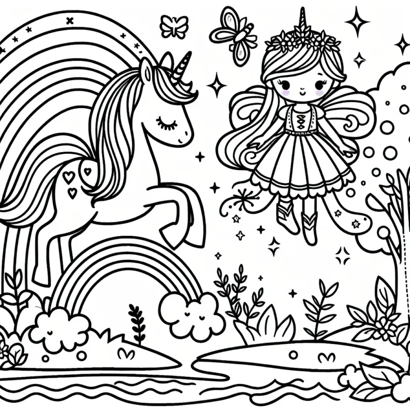 Dessine une princesse fée avec son cheval arc-en-ciel dans un jardin enchanté