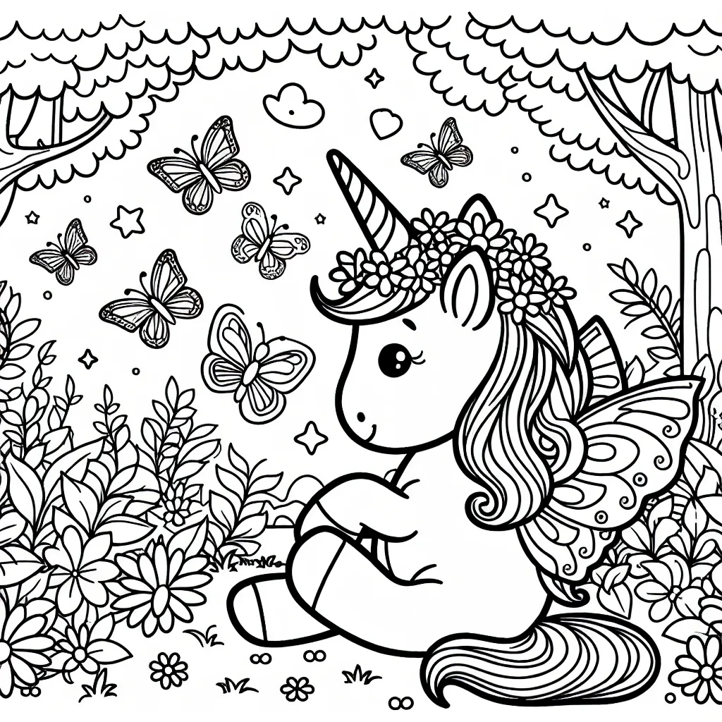 Dessine une licorne s'amusant avec des papillons dans un jardin enchanté.