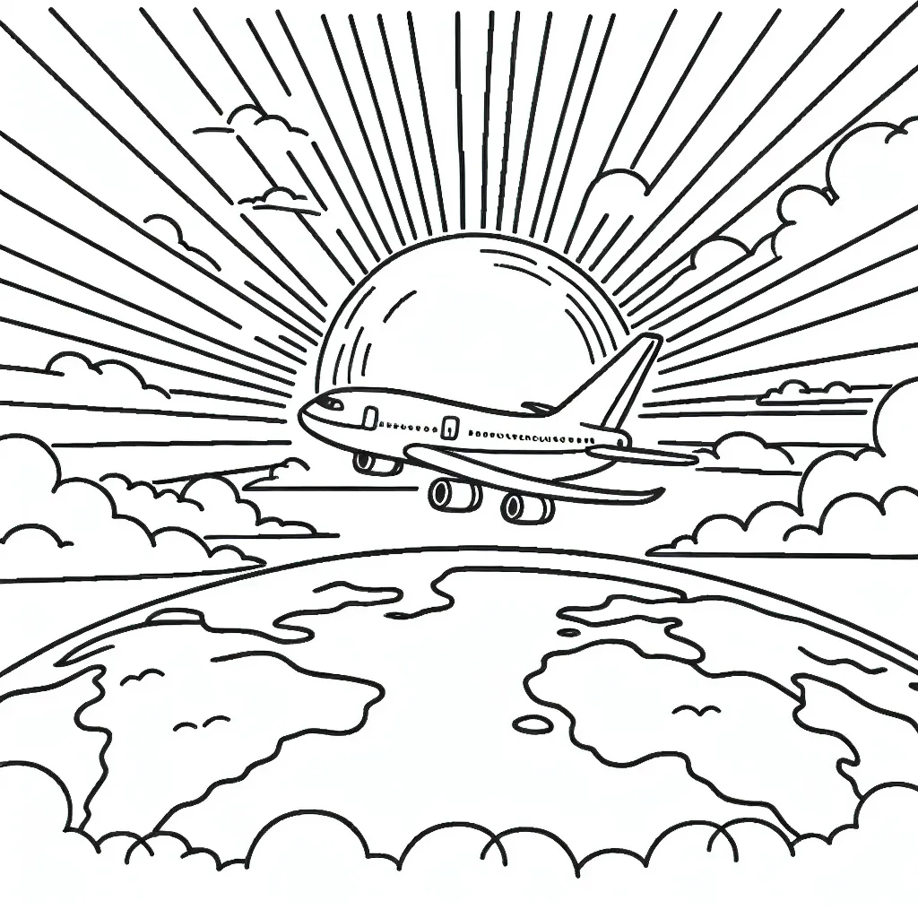 Dessiner un avion de ligne qui survole la terre avec le soleil couchant en arrière-plan.