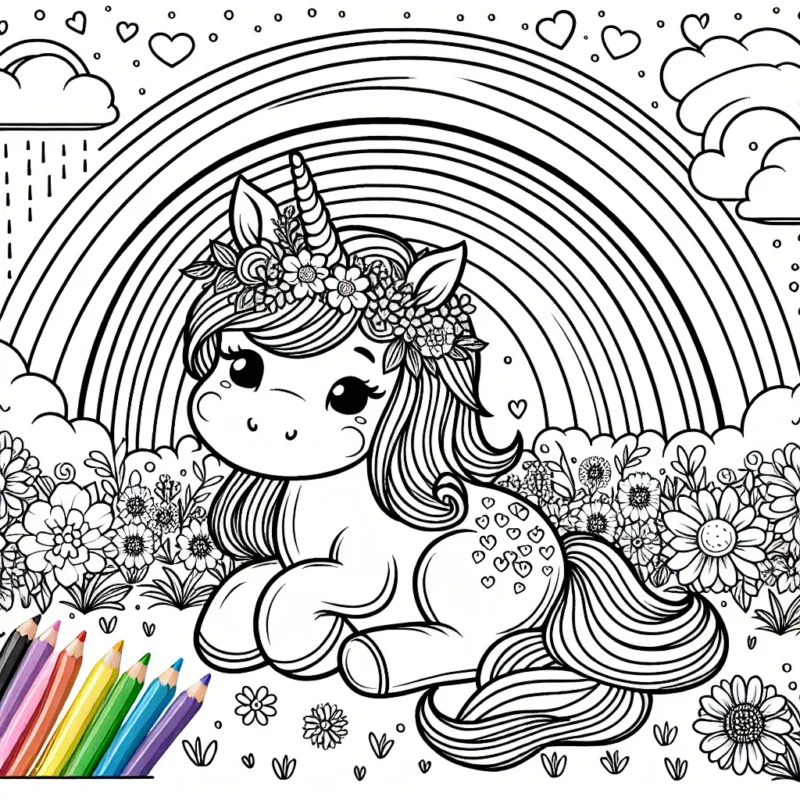 Vous vous apprêtez à entrer dans l'univers féerique des licornes. Une mignonne petite licorne avec une crinière arc-en-ciel est assise dans un champ de fleurs, un arc-en-ciel magnifique s'étend dans le ciel derrière elle. Prenez vos crayons de couleur et plongez-vous dans ce monde magique.