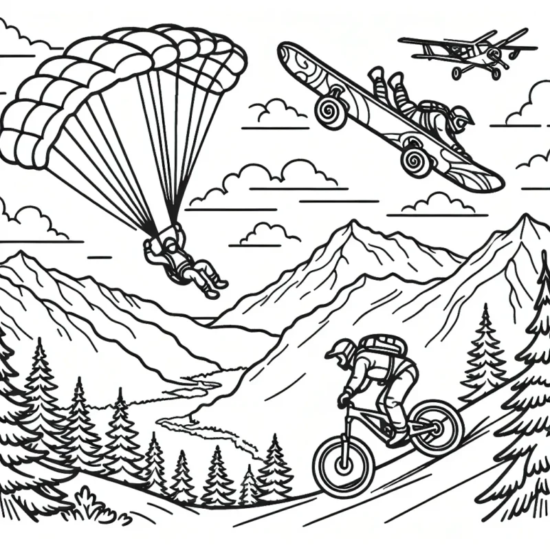 Dessine une aventure sportive qui inclut du saut en parachute, du snowboard extrême et du VTT de descente dans des paysages à couper le souffle