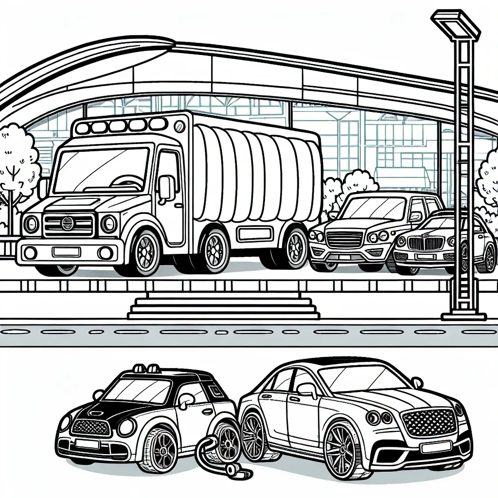 Dessine une scène d'exposition de voitures de différentes marques célèbres comme Ferrari, BMW, Audi et Mercedes.