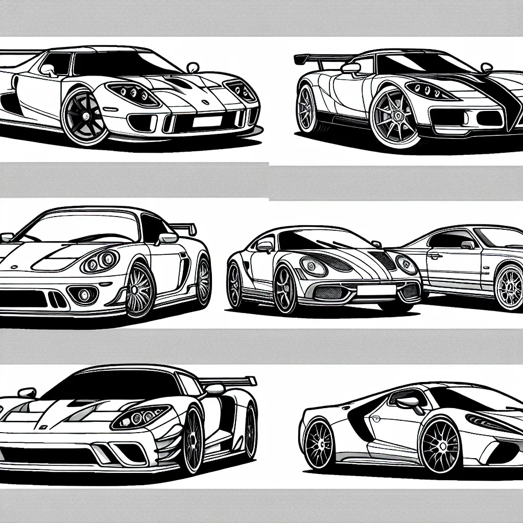 Dessine une série de voitures par marque, incluant une Porsche, une Ferrari, une Lamborghini, une Bugatti et une Aston Martin.