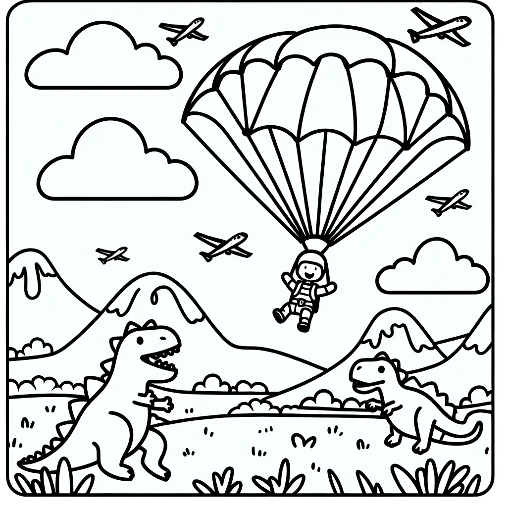 Scène d'un saut en parachute avec des dinosaures dans le ciel