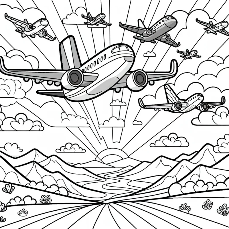 Un merveilleux voyage aérien ! Dessine et colore une flotte bigarrée d'avions volant au-dessus de paysages magnifiques.