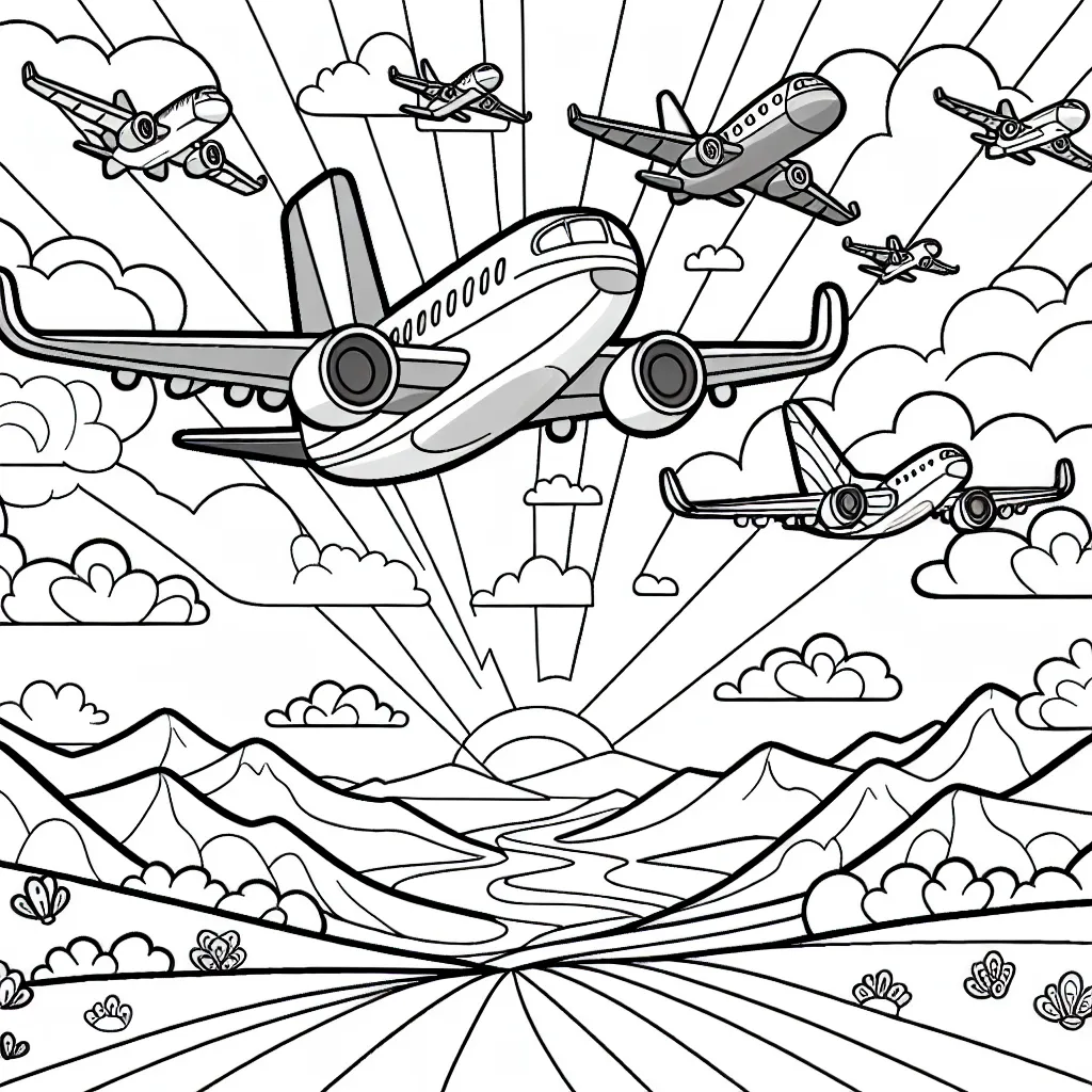 Un merveilleux voyage aérien ! Dessine et colore une flotte bigarrée d'avions volant au-dessus de paysages magnifiques.