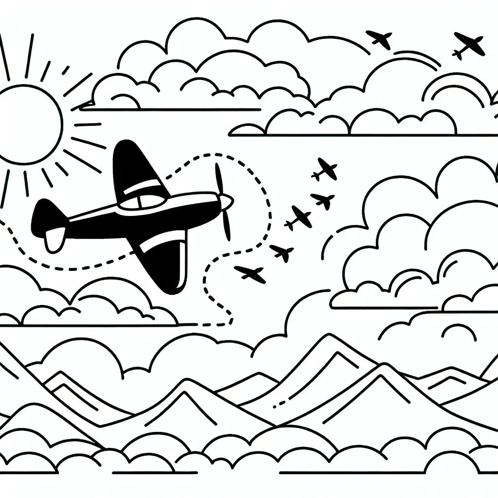 Dessinez un avion de chasse volant haut dans le ciel avec des nuages autour et des montagnes en arrière-plan. N'oubliez pas de colorier le soleil qui se couche à l'horizon et les oiseaux qui traversent le ciel !