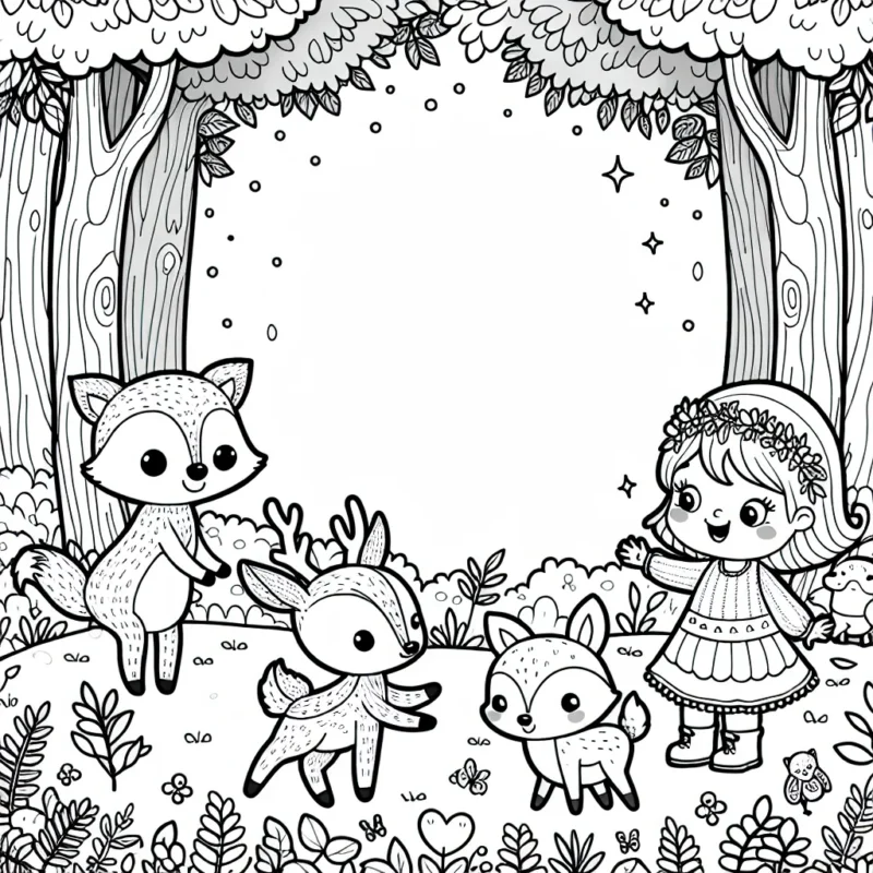 Une petite fille joue avec ses amis les animaux de la forêt dans une clairière enchanteuse.