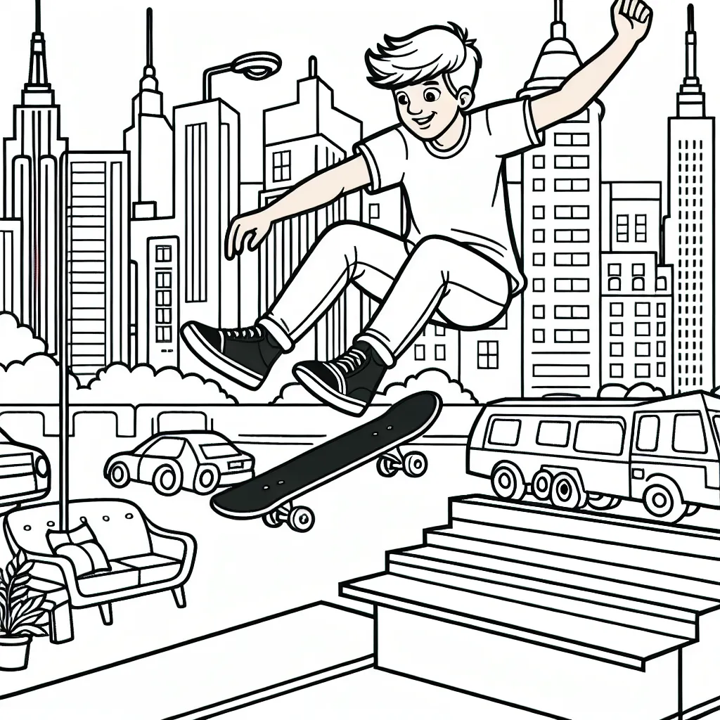 Dessine un skateur professionnel en plein saut au-dessus d'une rampe, avec une ville animée en arrière-plan.