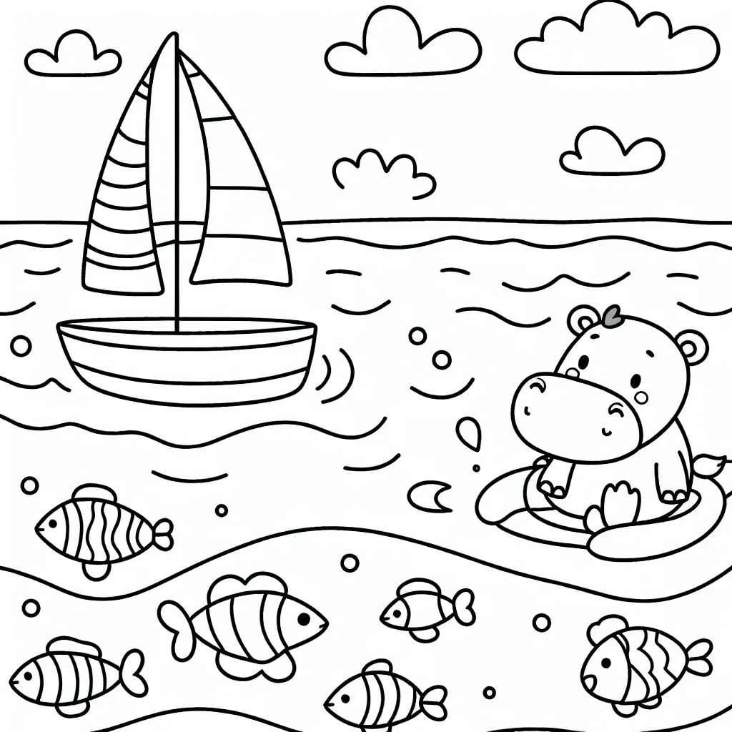 Un petit hippopotame curieux navigue dans un petit bateau à voiles sur un étang rempli de poissons colorés