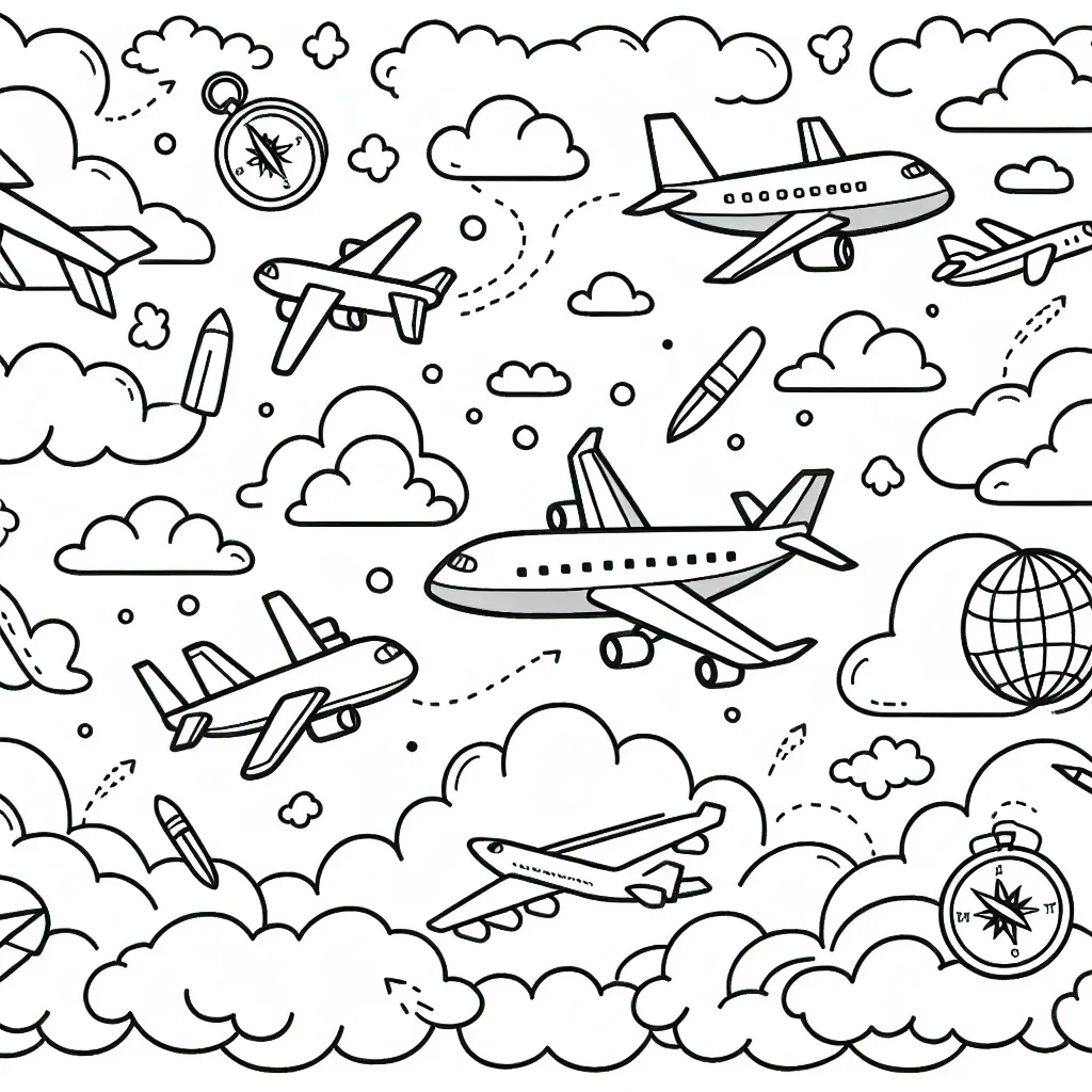 Imaginez un avion en vol, volant haut dans le ciel autour des nuages. Croquis de plusieurs avions de différentes formes et tailles. Pour faire les choses de manière amusante et éducative, ajoutez une boussole, un globe et d'autres icônes de voyage.