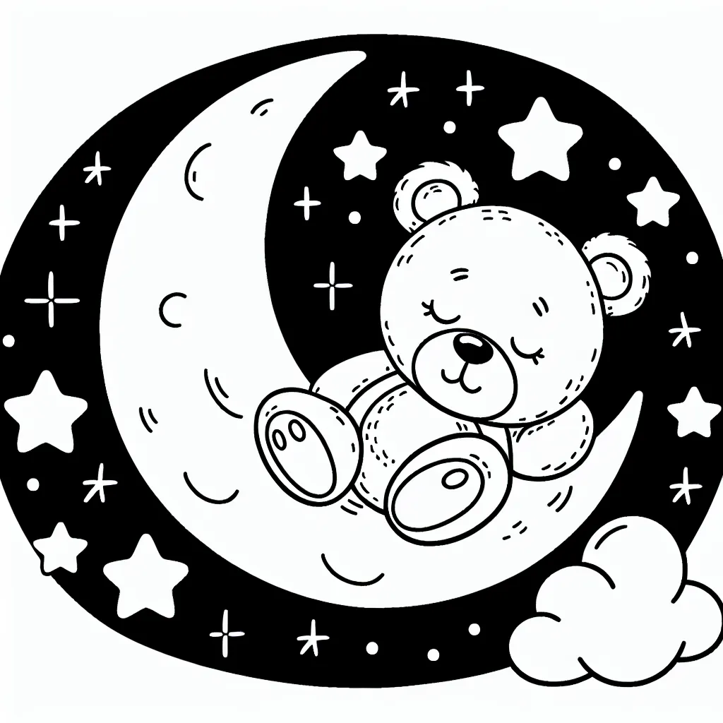 Un ours en peluche sur une lune endormie, entouré d'étoiles scintillantes