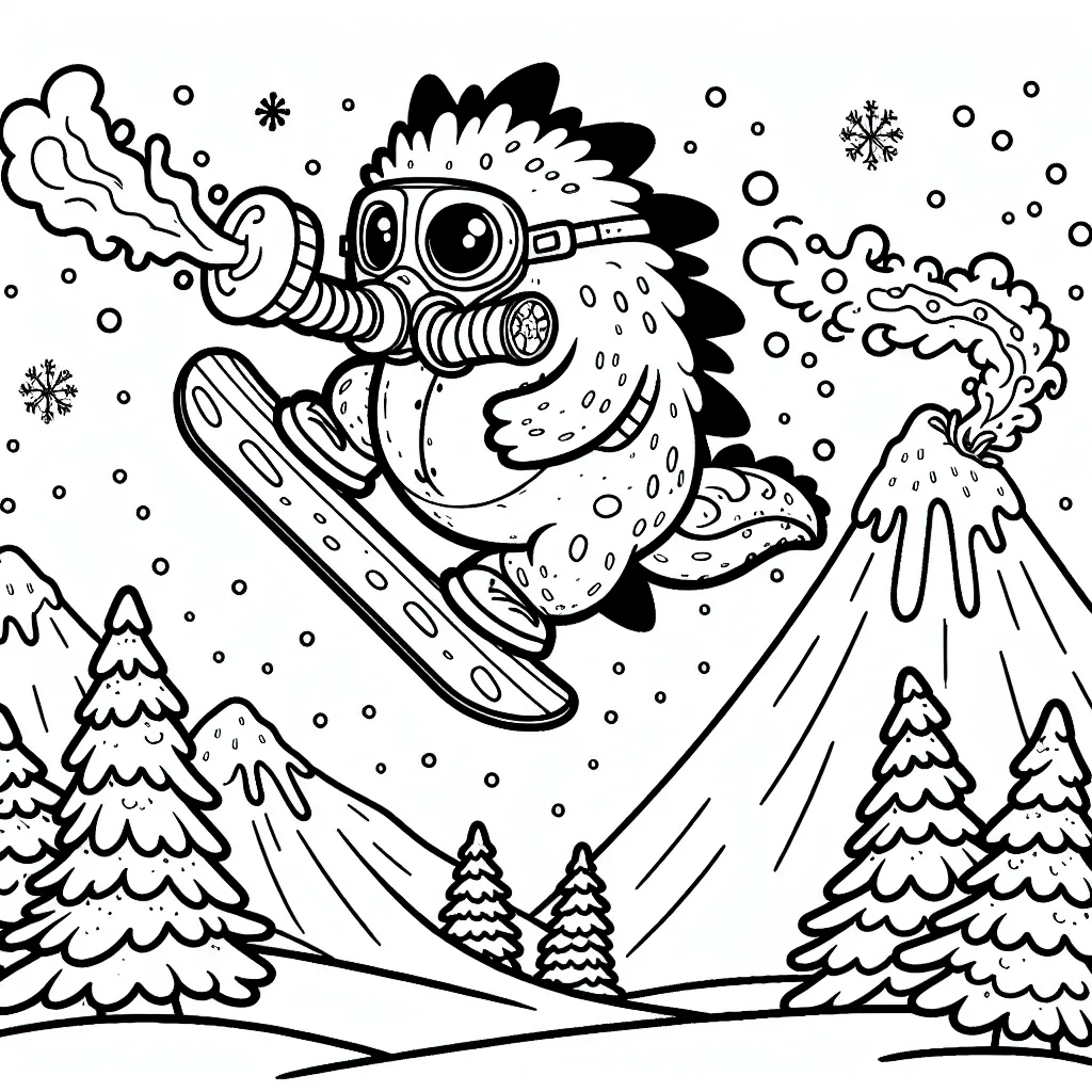 Dessine un monstre amical sur une planche à neige en plein saut par-dessus une montagne enneigée, avec un respirateur de dragon crachant du feu pour la vitesse.