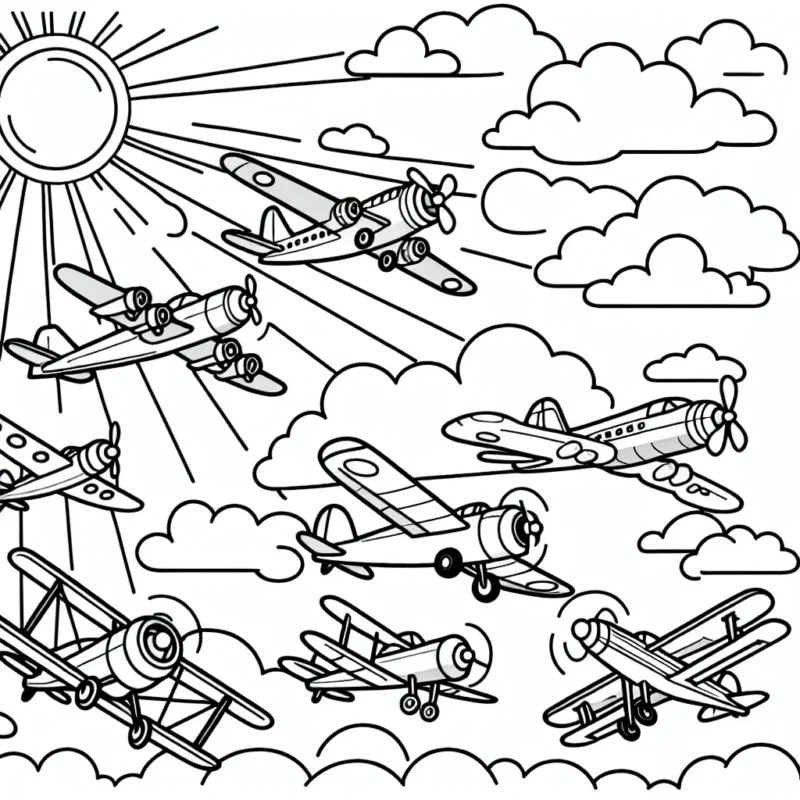 Une flotte d'avions colorés dans le ciel ensoleillé