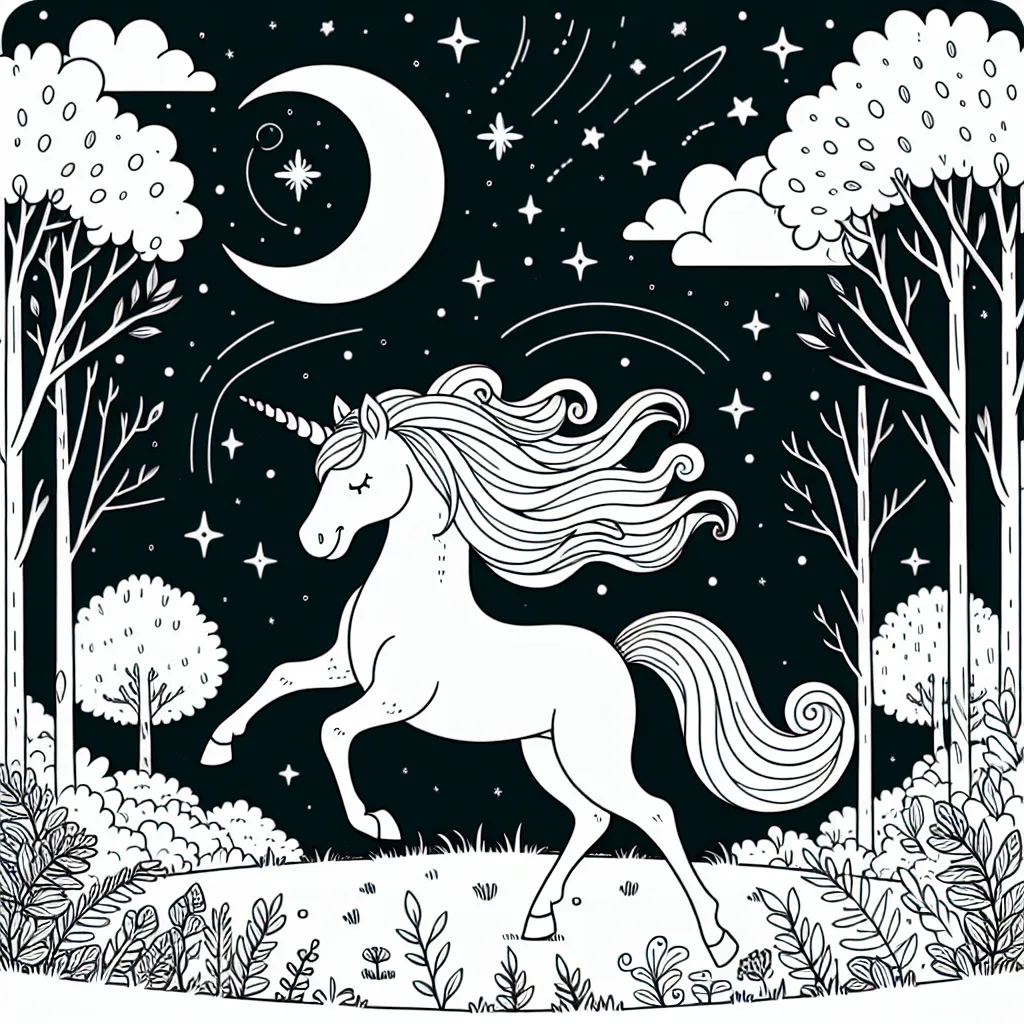 Une licorne danseuse virevoltante dans une clairière illuminée par la lueur de la lune avec un fond étoilé