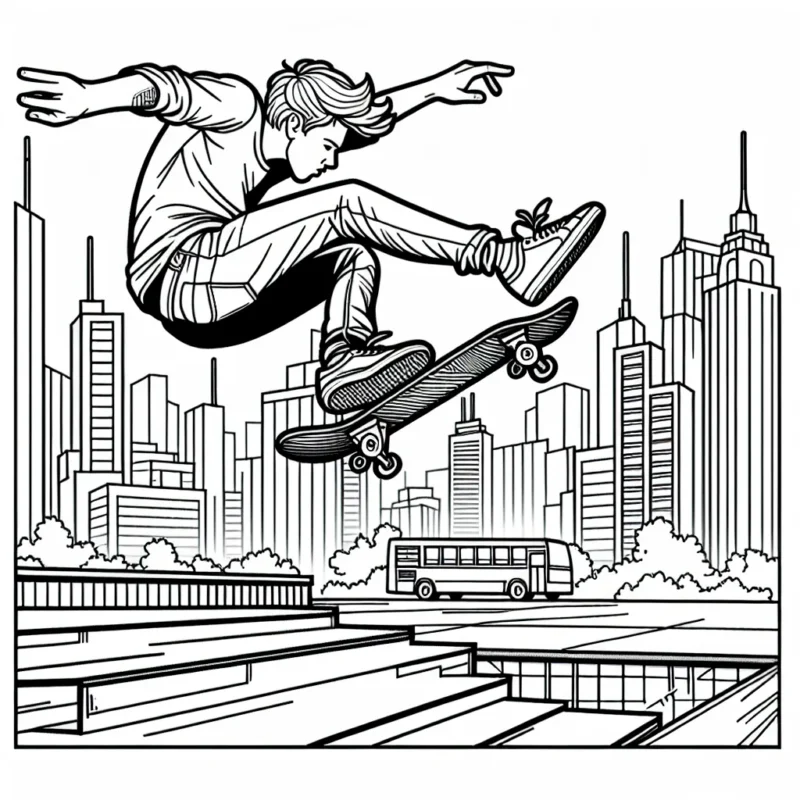 Dessine un adepte du skateboard en plein saut au-dessus d'une rampe, avec un paysage urbain en arrière-plan