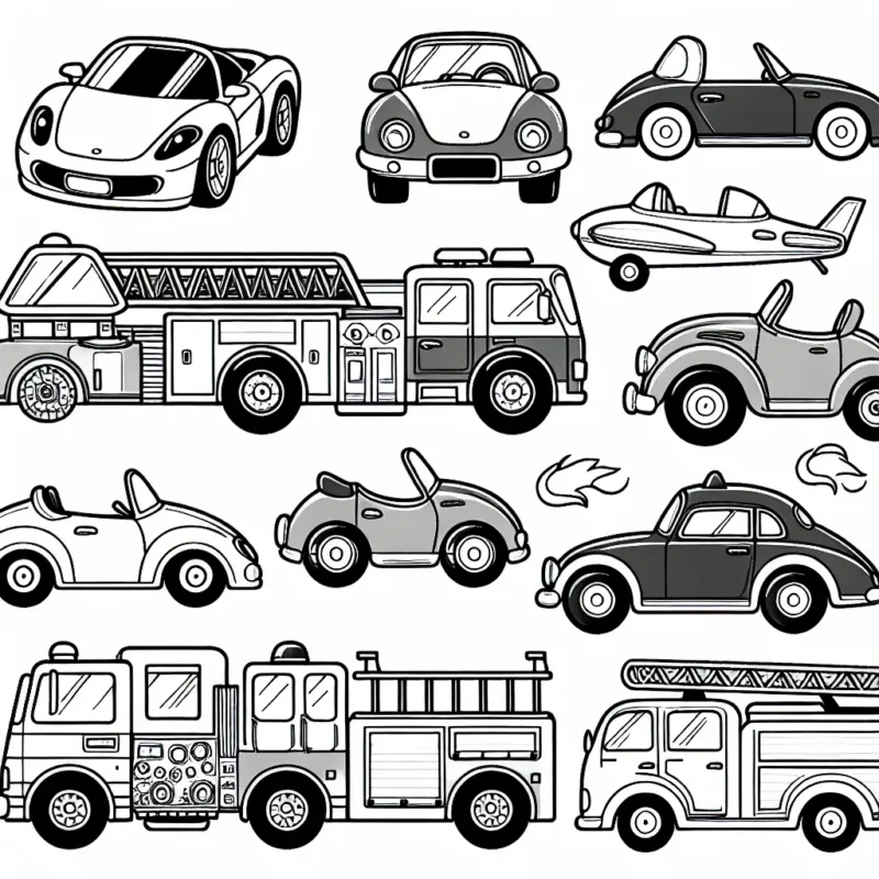 Imagine un dessin avec une parade de voitures de différentes formes et tailles. Il y a des voitures sportives, des voitures classiques, des voitures d'époque, des camions de pompiers et plus encore. Chaque voiture possède des détails uniques qui font d'elles des œuvres d'art captivantes.