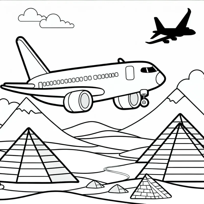 Dessine un avion passager en plein vol au-dessus des pyramides d'Égypte.