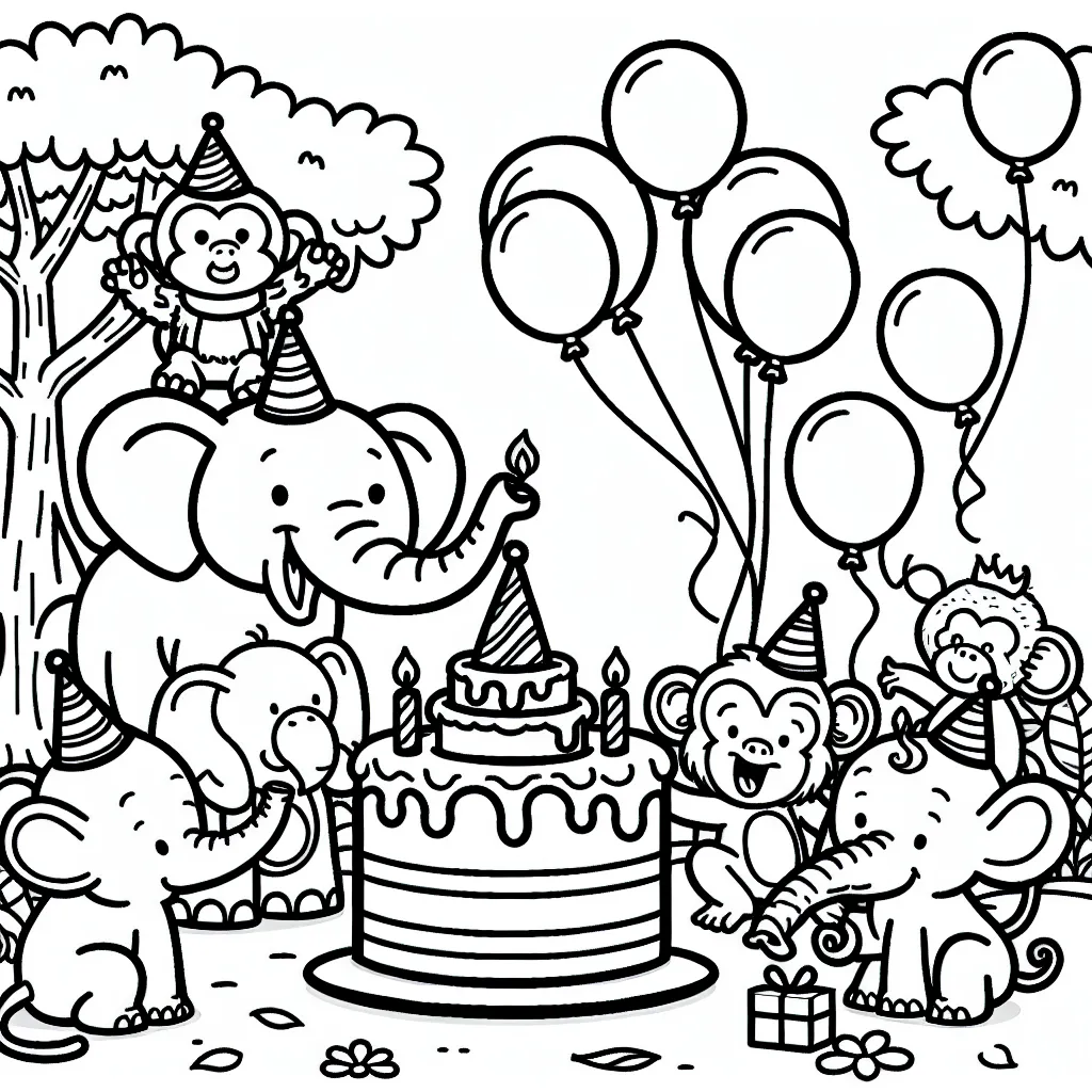 Imagine une scène joyeuse avec des animaux de la jungle organisant une fête d'anniversaire.