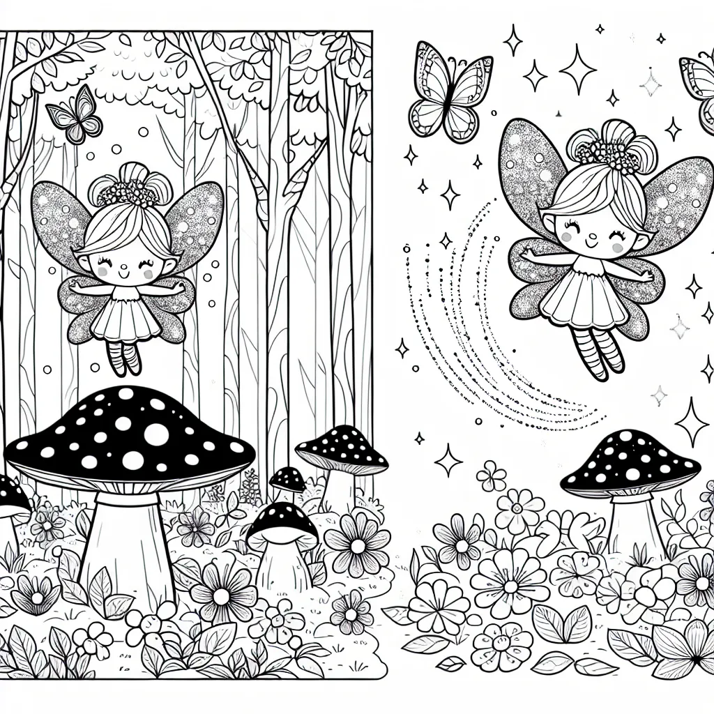 Une petite fée aux ailes scintillantes virevolte joyeusement dans une forêt enchantée peuplée d'adorables créatures fantastiques. Elle laisse derrière elle un sillage de paillettes magiques qui donnent vie aux fleurs colorées qui parsèment le sol du bois. Dans un coin de l'image, on peut apercevoir sa maison de champignon où les papillons aiment se percher.