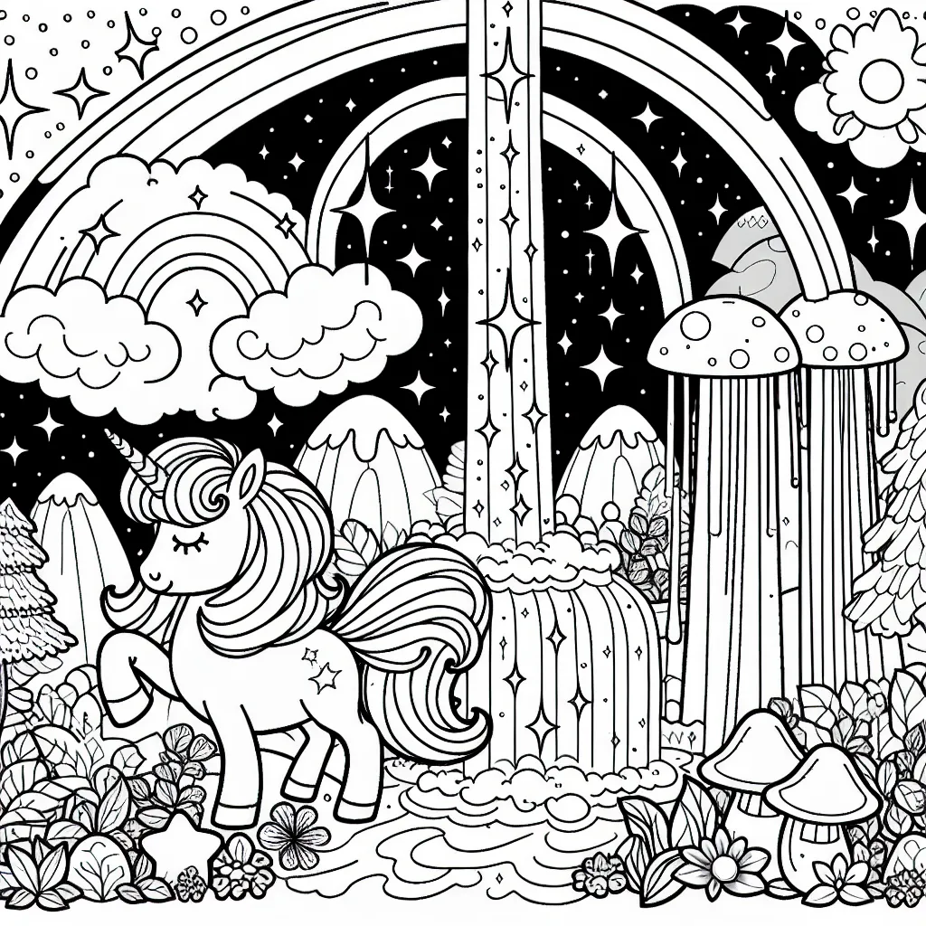 Un joli poney magique dans un monde féerique, avec un ciel étoilé, un arc-en-ciel brillant, une cascade de cristaux scintillants et de charmantes petites maisons de champignons