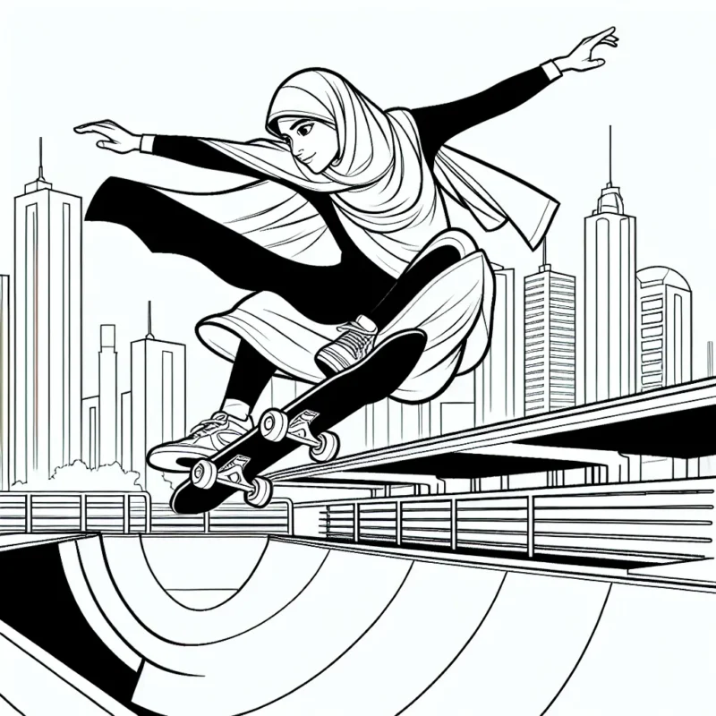 Dessine un skater exécutant un saut impressif au-dessus d'une rampe avec un paysage urbain en arrière-plan.