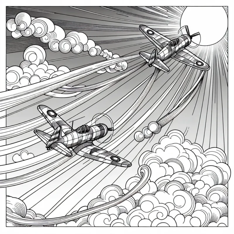 Un spectacle de haute voltige dans le ciel bleu doux éclairé par le soleil. Dessinez deux avions de chasse très détaillés dans un ballet aérien qui fait fi du danger. Les avions laissent des traînées de fumée colorées derrière eux, formant des courbes et des spirales incroyables. Les nuages fournissent une toile de fond magnifique pour cette scène dramatique.